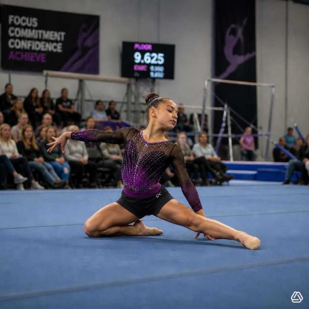 Gymnast holding a floor routine pose during competition